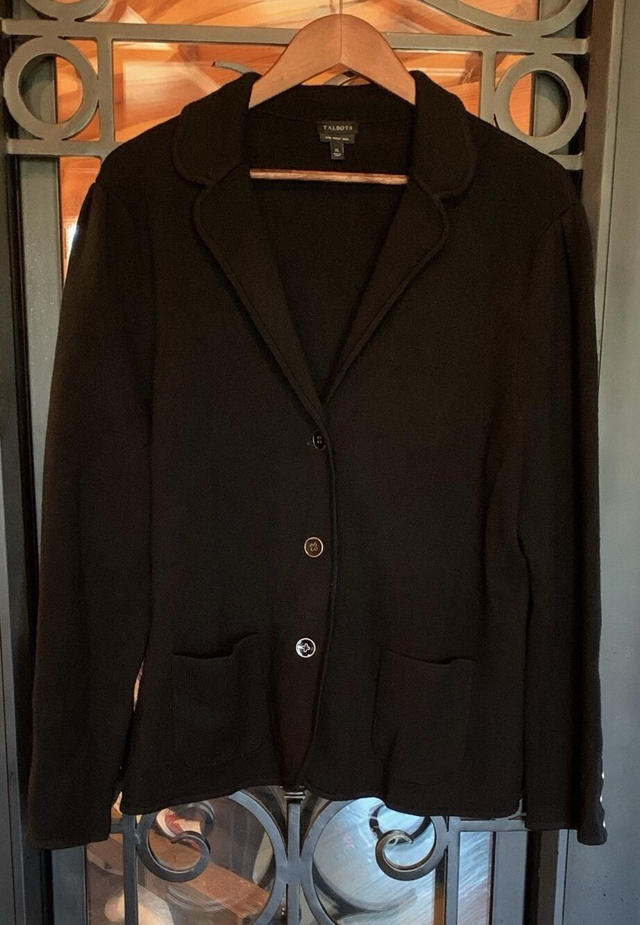 Talbots 100% Merino Wool Sweater Blazer Jacket Black XL Cardigan Pockets